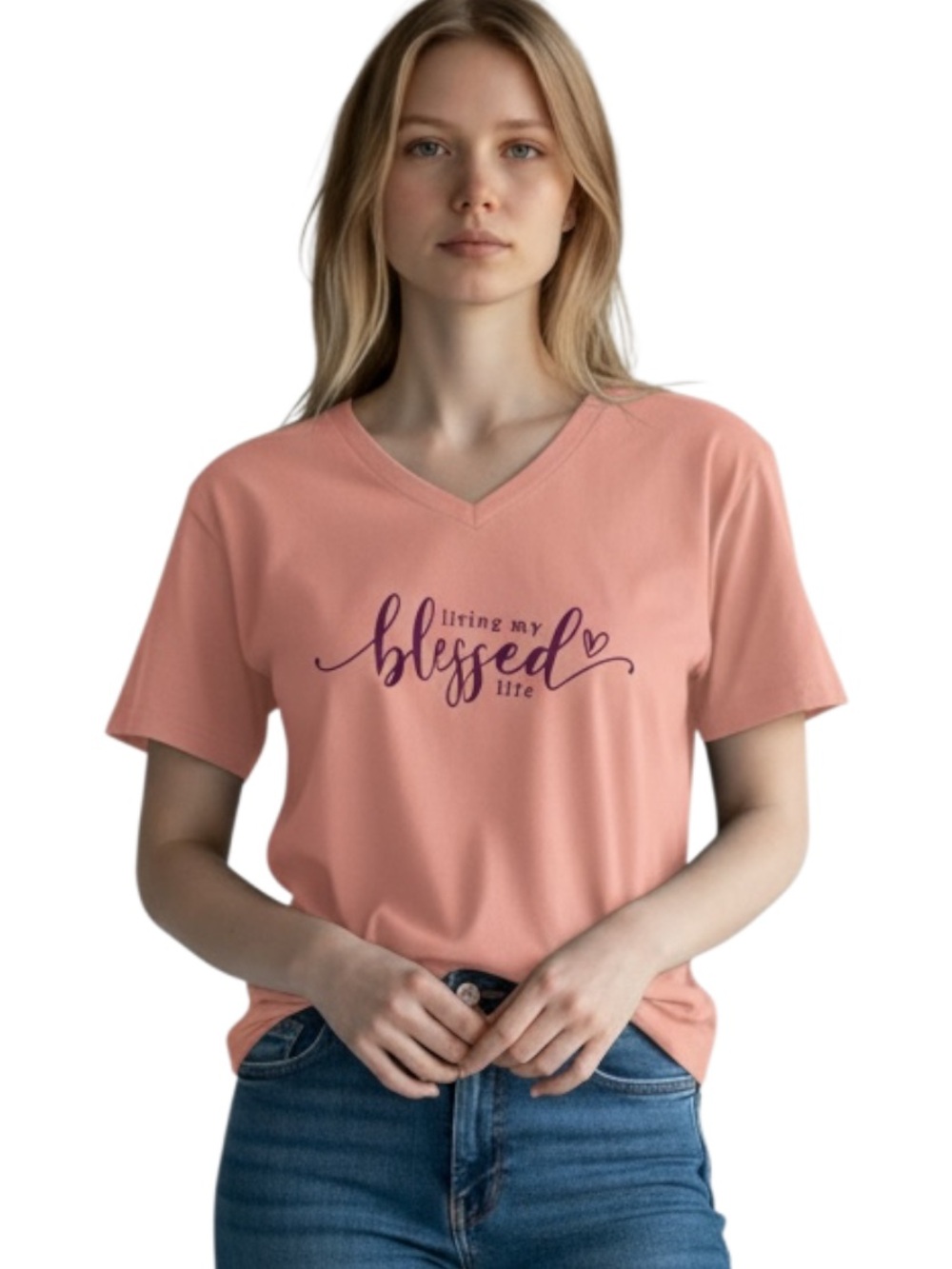 Corinthians Corner Women's V-Neck 'Blessed Life' Graphic Tee - Coral Peach